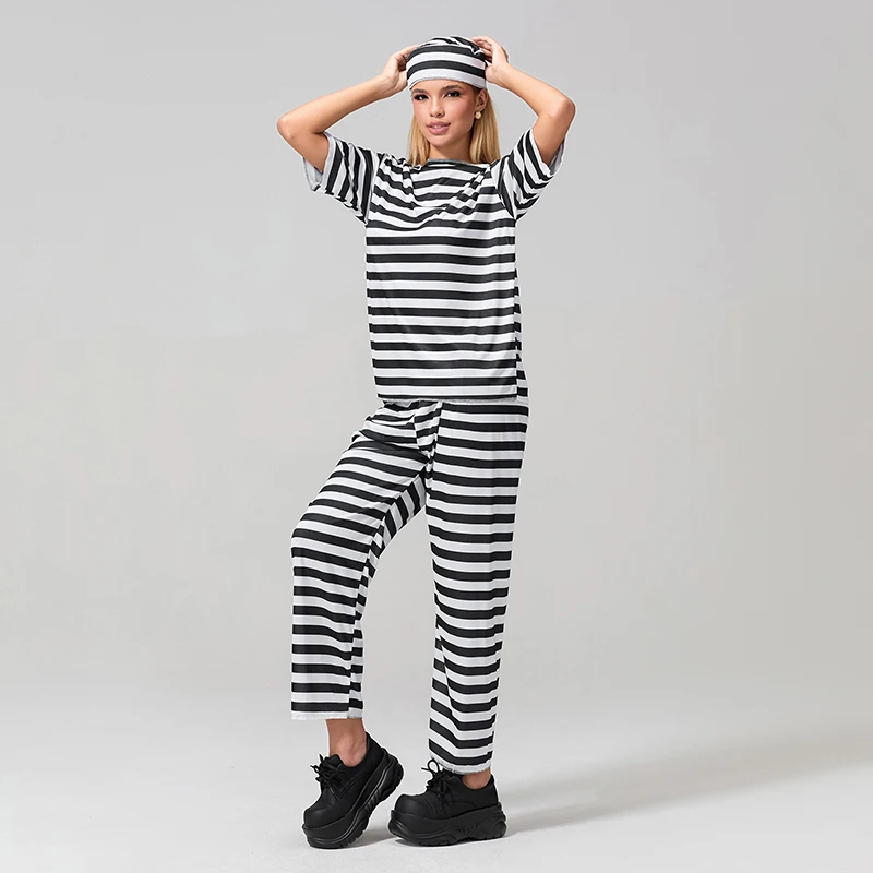 Adult Halloween Prisoner Costume White and Black Striped Prison Criminal Outfit for Women Men Convict Costume Cosplay