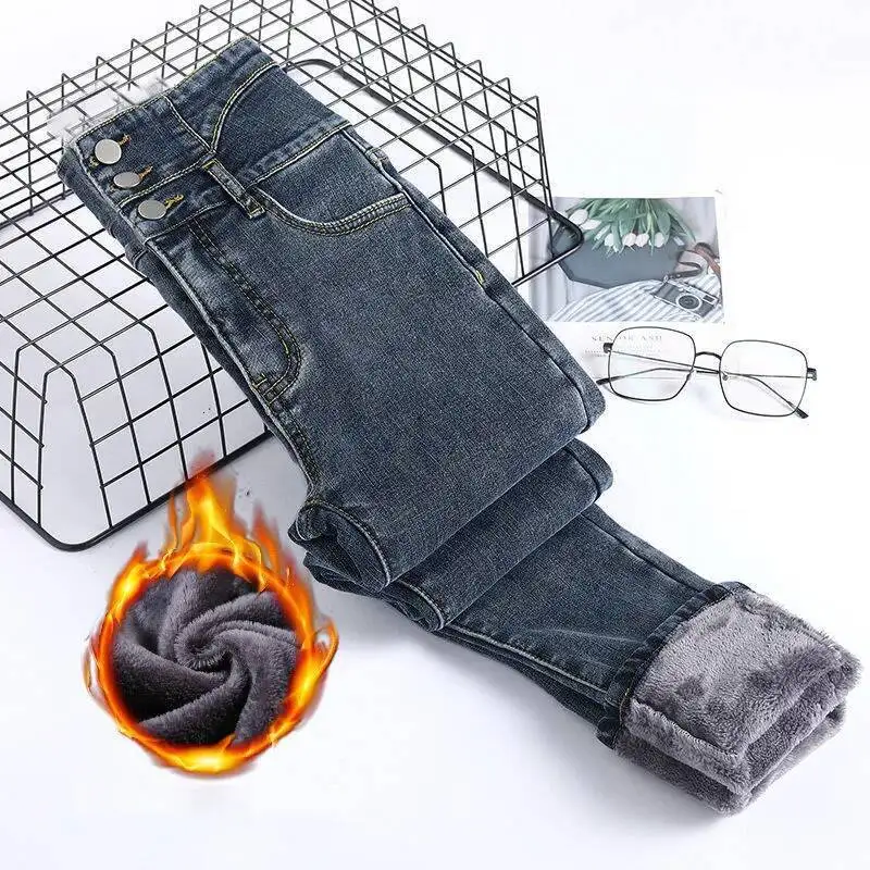 Jean en velours épais pour femme, mode coréenne, taille haute, slim, pantalon épais, chaud, extensible, crayon, Denim, hiver