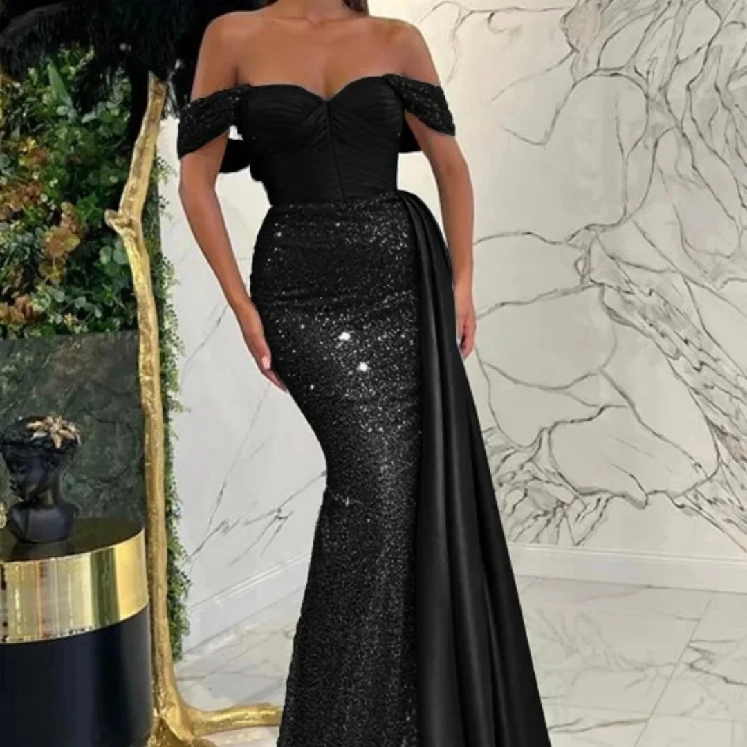 

Black Off The Shoulder Long Bespoke Occasion Gown Evening Dresses Pastrol Unisex Jersey Retro Dubai Saudi Arabic Prom Customized