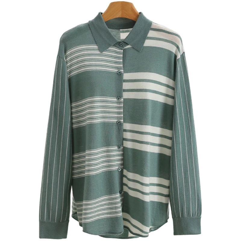 سترة نسائية محبوكة فضفاضة مفتوحة كاجوال مخططة اللون بلو سبليت طوق سترة الخريف Faion السيدات قسط متماسكة... #5