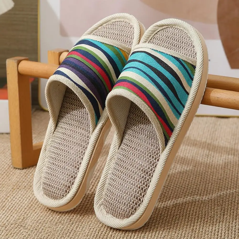 Four Season Couple's Multicolor Linen Slippers Women Indoor Striped Non-Slip Sandals Men Comfort Indoor Floor Breathable Slides image 3