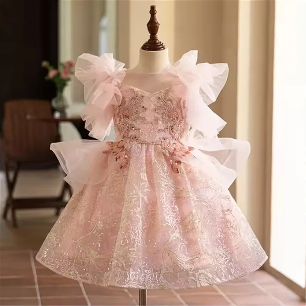 

Flower Girl Wedding Dress Pink Tutu Style Costume Appliques Sequined Host Performance Princess Birthday Party Elegant Gown