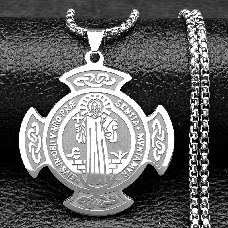 Catholic Saint Benedict Medal Stainless Steel Cross Necklace for Women Men Gold Color Chain Amulet Jewelry Gift San Benito
