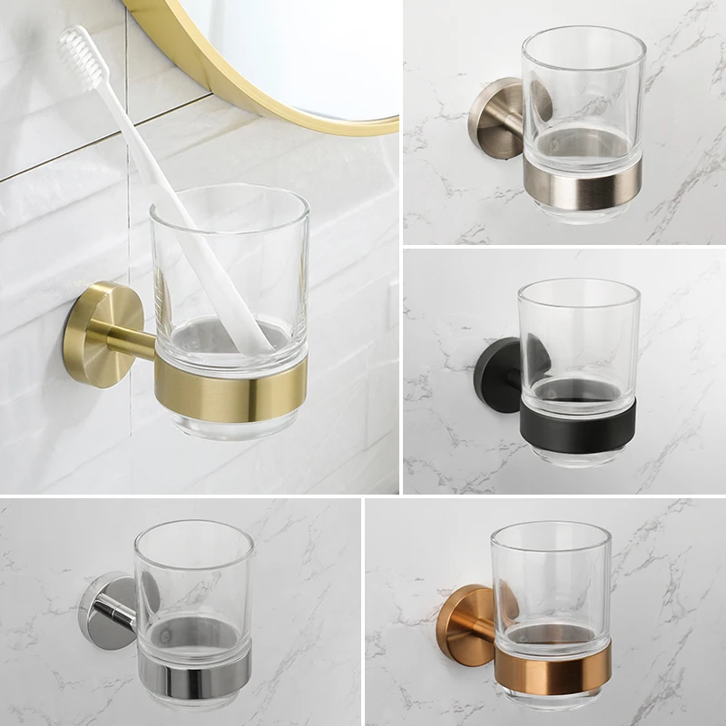 Rose Gold Wall-Mounted Toothbrush Holder with Glass Cup Stainless Steel Bathroom Organizer Brushed Gold Chrome Polished Black