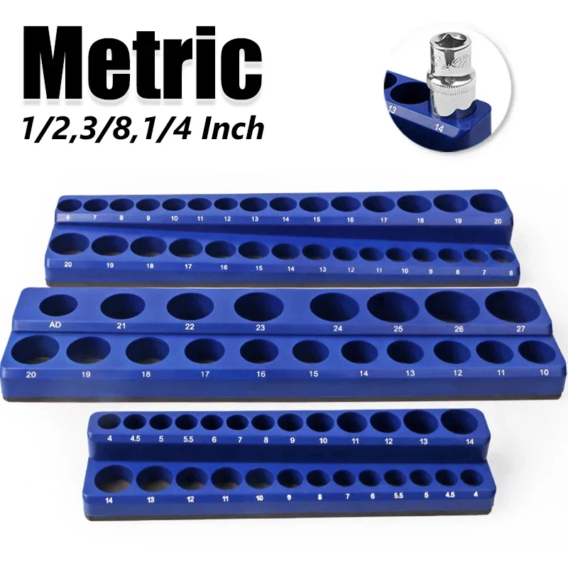 1pcs Blue Magnetic Sockets Storage Rack 1/4in 3/8in 1/2in Plastic Socket Display Holder Kit Professional Metric Tools Organizer