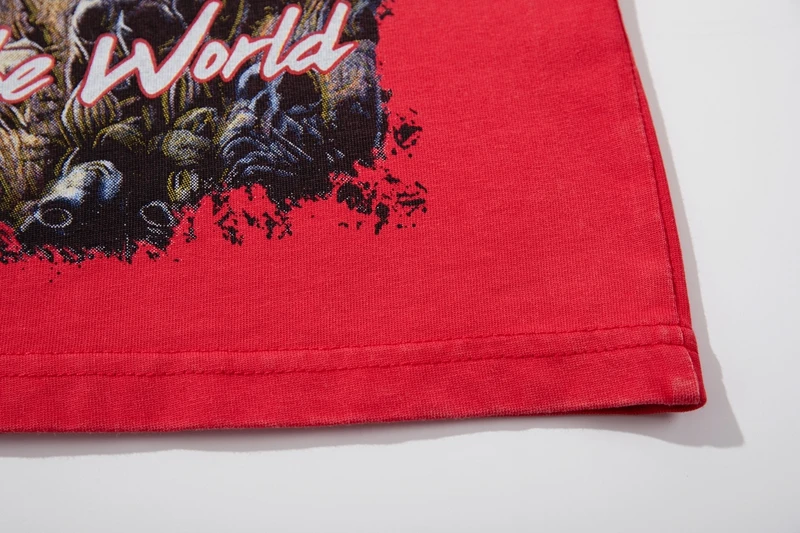 Sommer Vintage Rotes Acid Wash T-Shirt mit Alien Cowboy Western Aufdruck Lässige Oberteile Y2k Streetwear Oversized Hip Hop Unisex Kleidung – Detail 5
