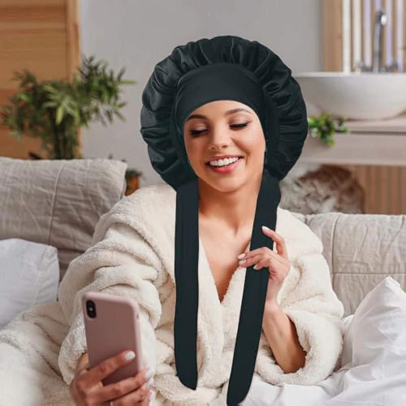 Elastic Soft Band Satin Sleep Bonnet Women Wide-brimmed Silk Hair Care Cap Solid Color Comfortable Night Sleeping Hat