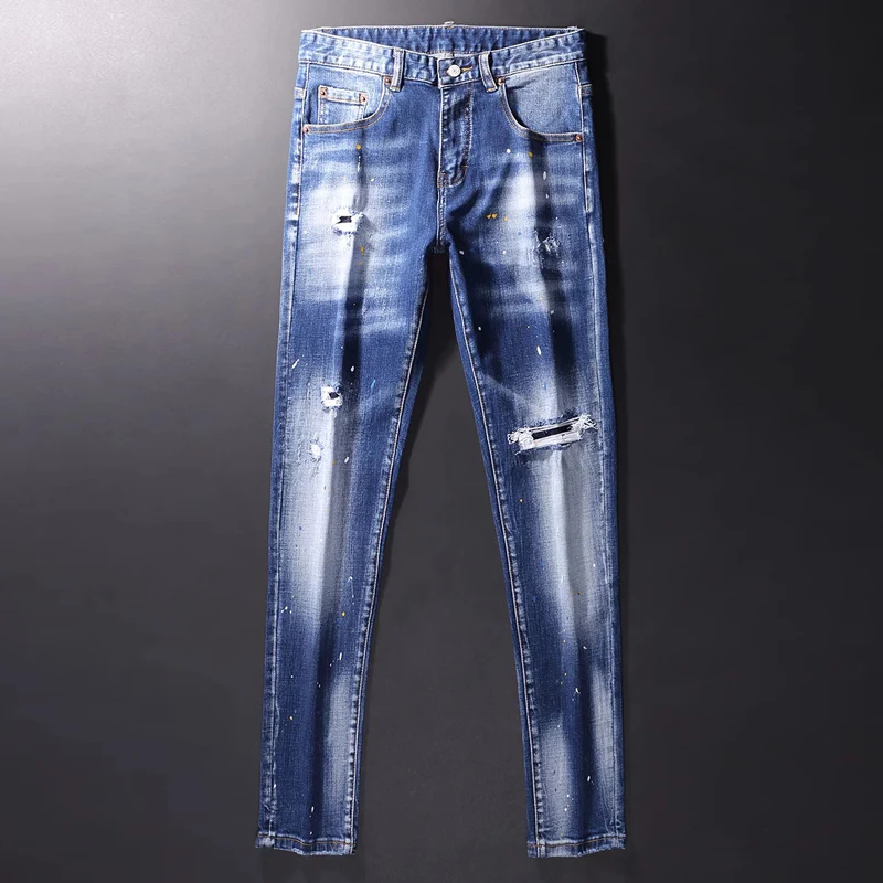 High Street Fashion Men Jeans Retro Washed Blue Elastic Stretch Skinny Fit Ripped Jeans Men Painted Designer Vintage Denim Pants
