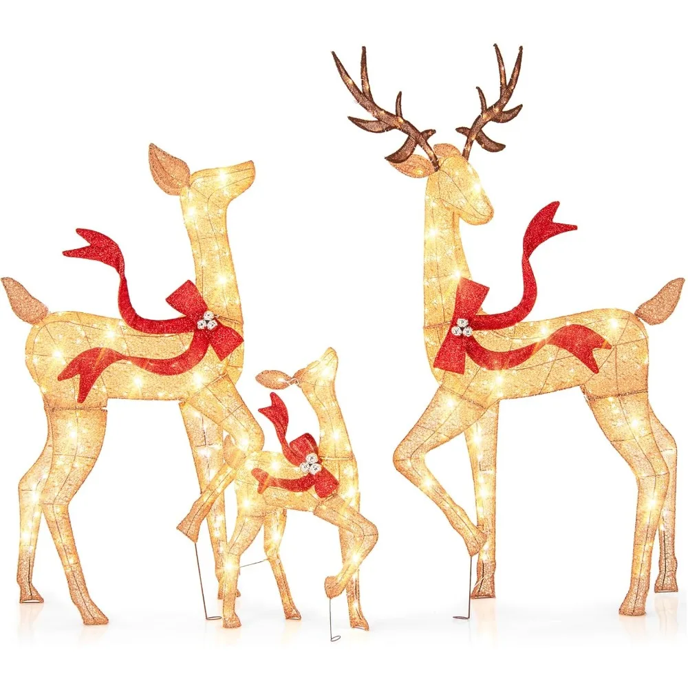 3 pieces lit Christmas reindeer family set, lighted deer decorations for Christmas, 440 warm white LED lights and stakes