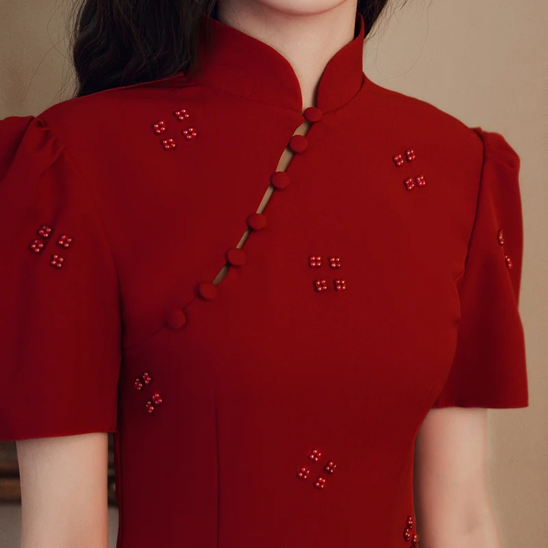 

Red Wedding Dr ort Sve mid Waist Fitting Qipao Young Sle Reformed Chinese Sle Engagement Par Wear