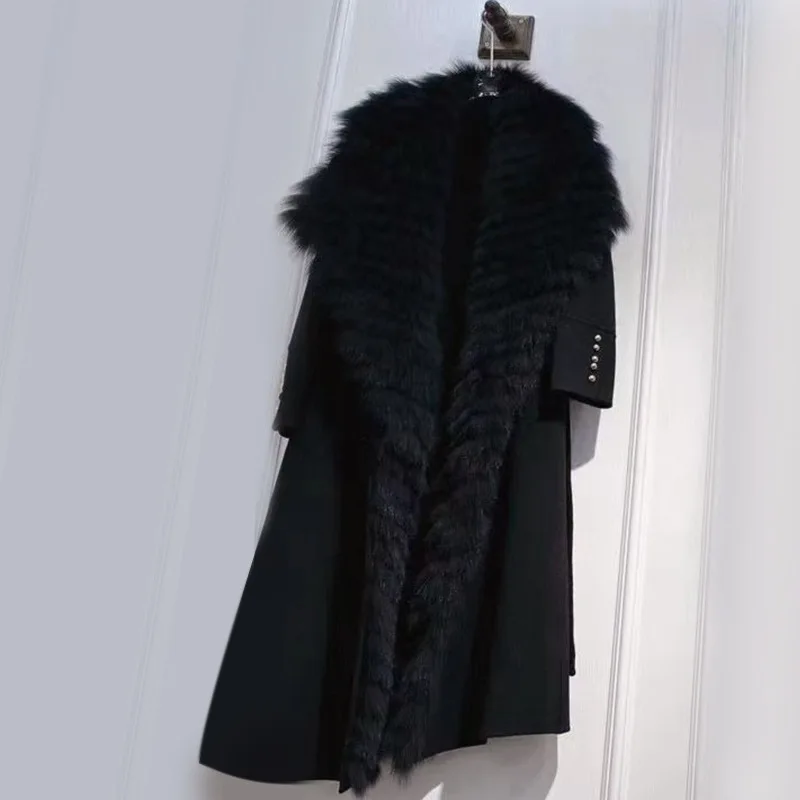 Autumn and Winter New Fur Coat with Wool Double-sided Wool Coat for Women's Long Fur Door Flap with Large Polo Neck