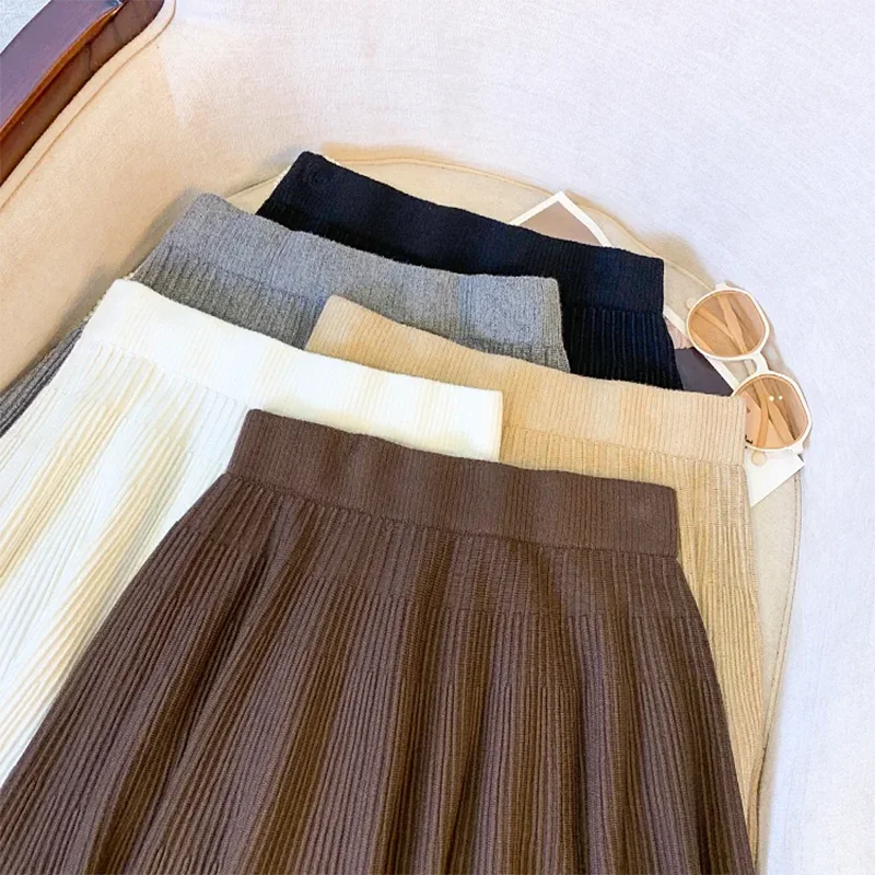 Knitted Pleated Skirts for Women Solid Color Casual All-Match Basic A-Line Skirt Autumn Winter Elastic High Waisted Short Skirt