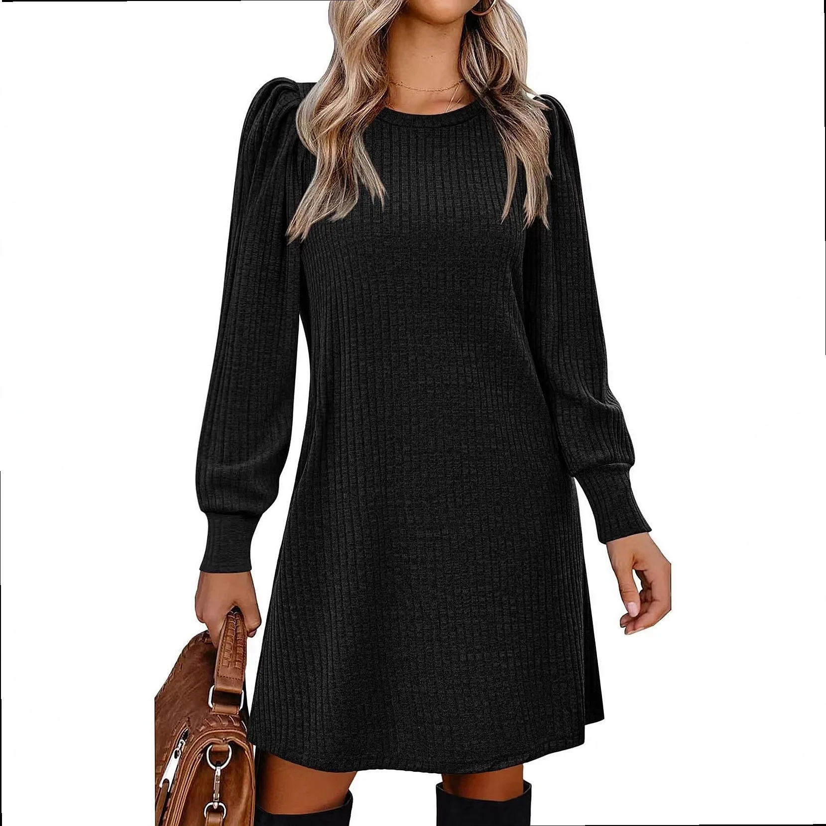 Pure Color Bubble Sleeve Midi Dress, Knit Dresses for Women Spring Summer, Casual Tee Dresses with Textured Stripe