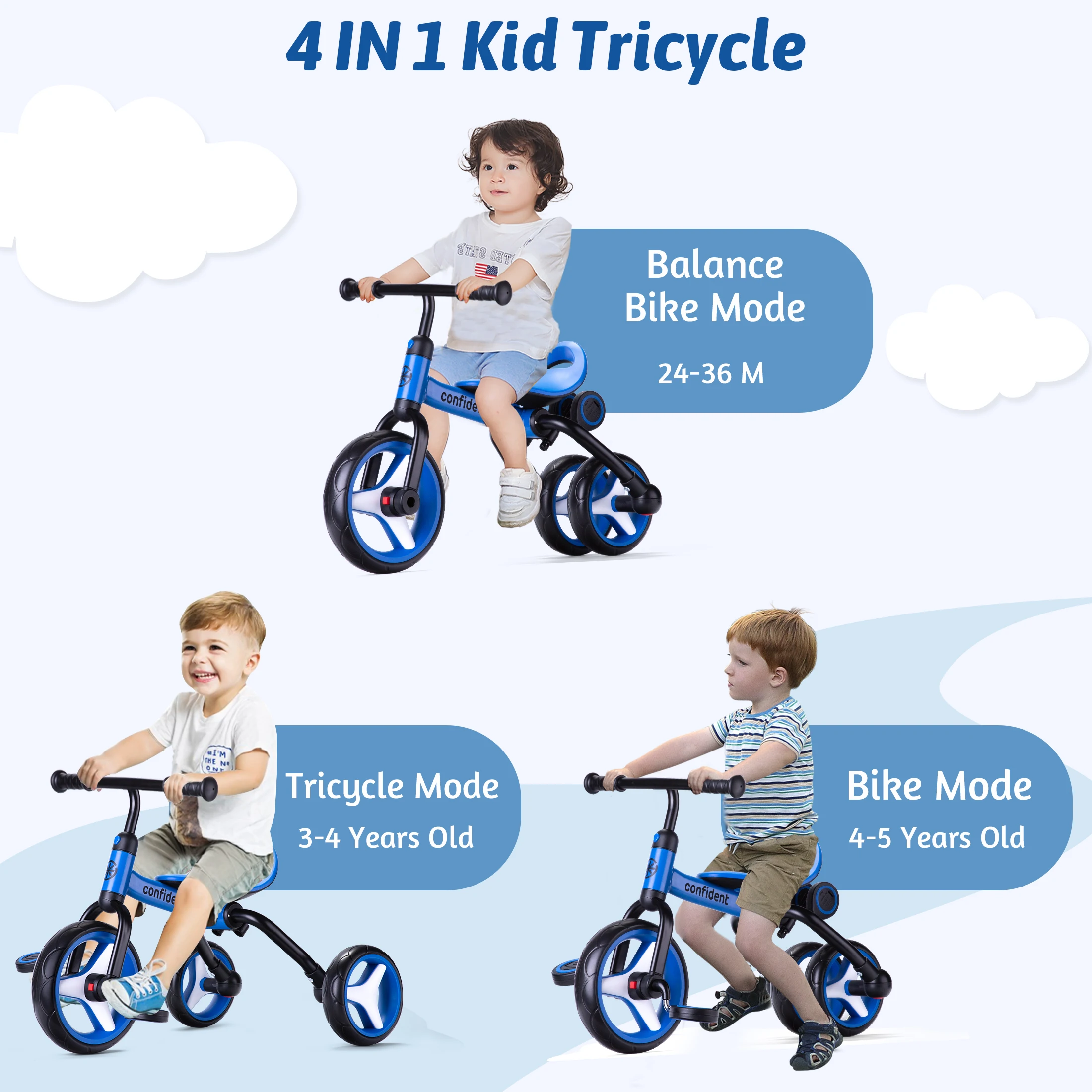 4 In 1 Kids Tricycle For 2-5 Years Old Boy & Girl Gift, Folding Toddler Balance Bike With Removable Pedals Balance Training Bike