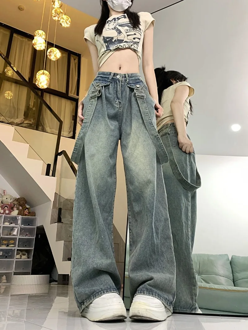 American High Waist Streetwear Pants Denim Women Y2k Straight Jeans Loose Trousers Zipper Wide Leg Vintage Sashes Hiphop