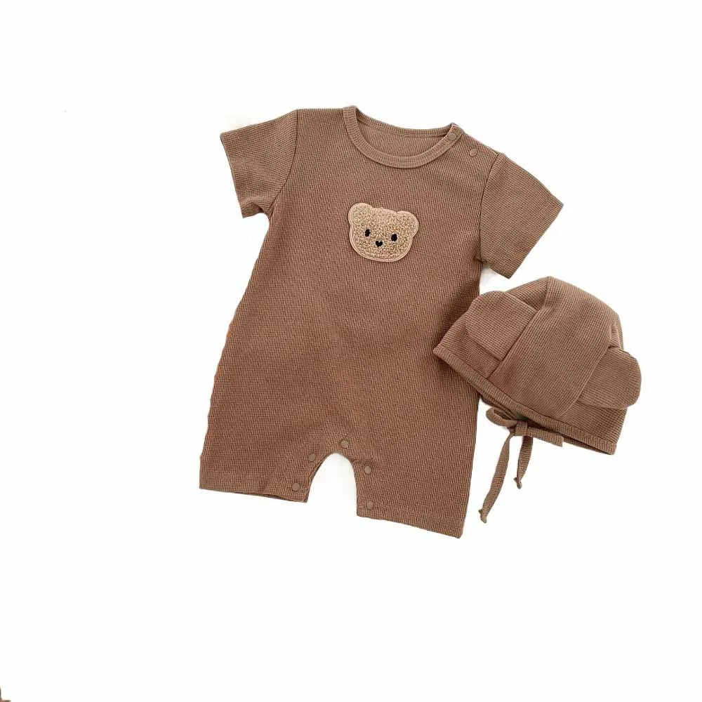 

Short Sleeve Baby Romper Soft Fabric Cute Bear Design Newborn Onesie Waffle Texture Pure Cotton Cartoon Bear Bodysuit