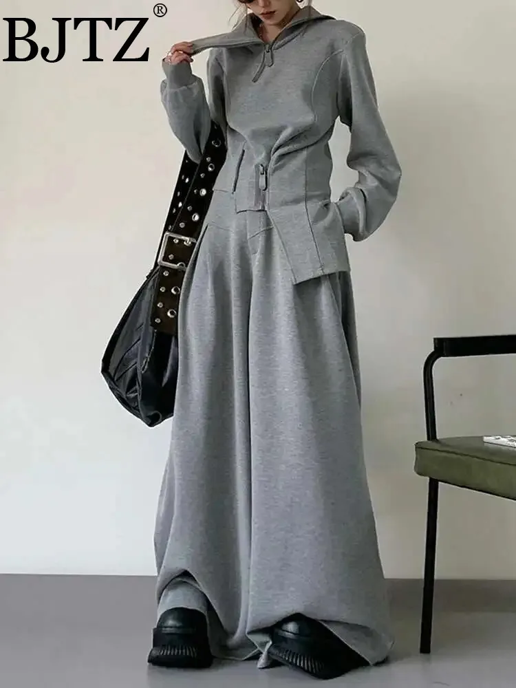 

BJTZ Casual Irregular 2 Piece Set Women's 2025 Spring Autumn Trendy Stand Collar Zipper Design Hooded High Waist Wide Leg Pants
