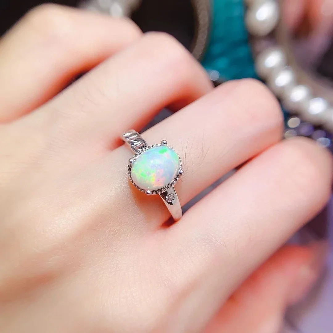 Natural Australian Opal Ring 7mm*9mm Genuine 925 Silver Opal Jerwelry 18K Gold Plated Jewelry for Daily Wear