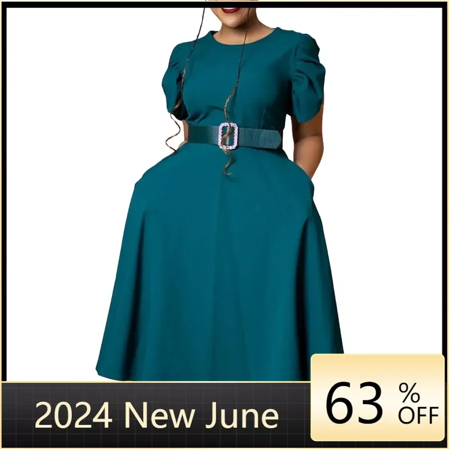 

2024 Dashiki African Dresses for Women Summer Elegant Short Sleeve Polyester Round Neck Party Evening Midi Dress Gowns Outfits