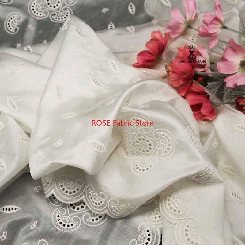Retro Chinese Embroidered Cotton Lace Fabric Ivory Cutwork for Dress and Blouse DIY By The Meter