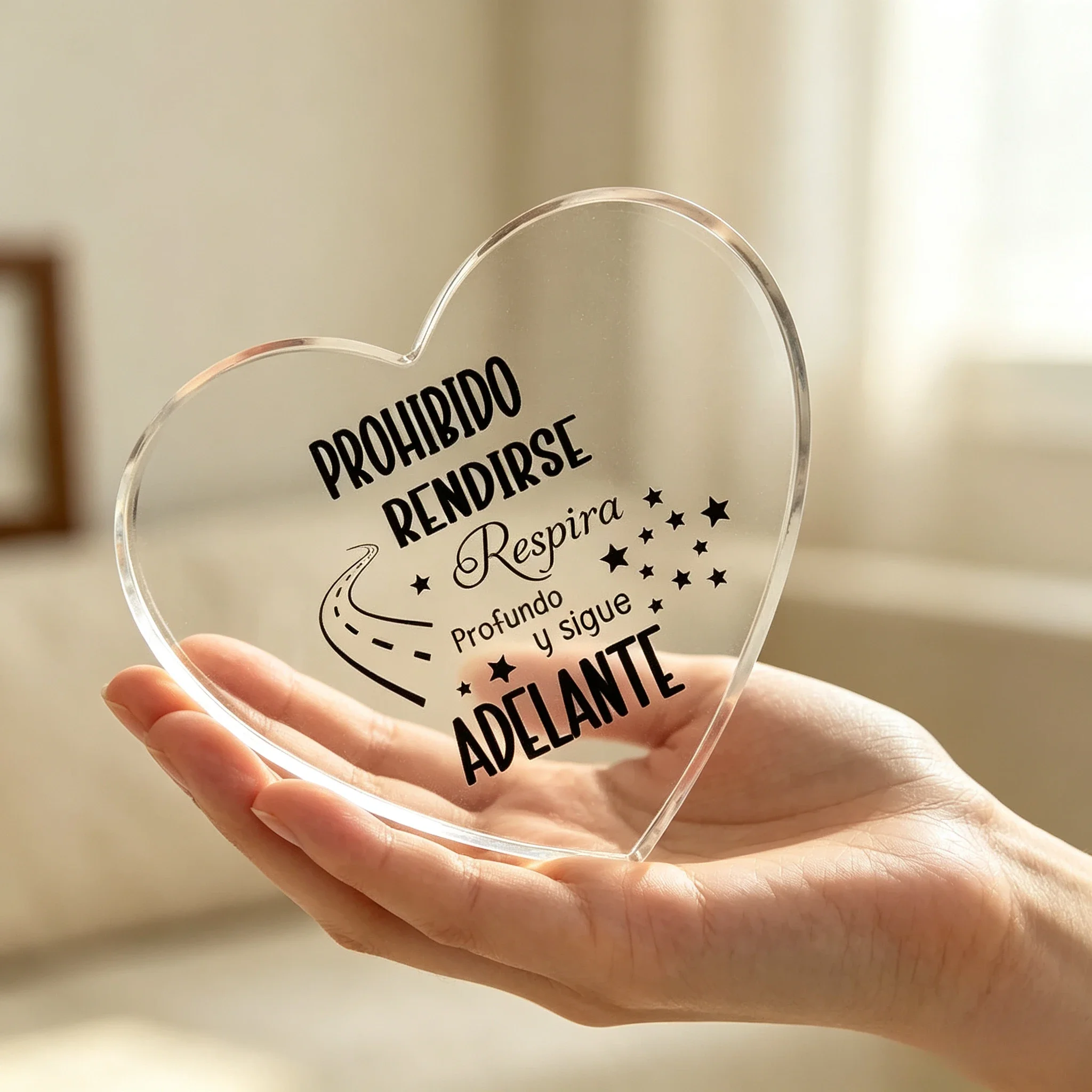 Spanish Motivational Quote Heart Shaped Clear Acrylic Plaque Encouragement Desk Decor Gift