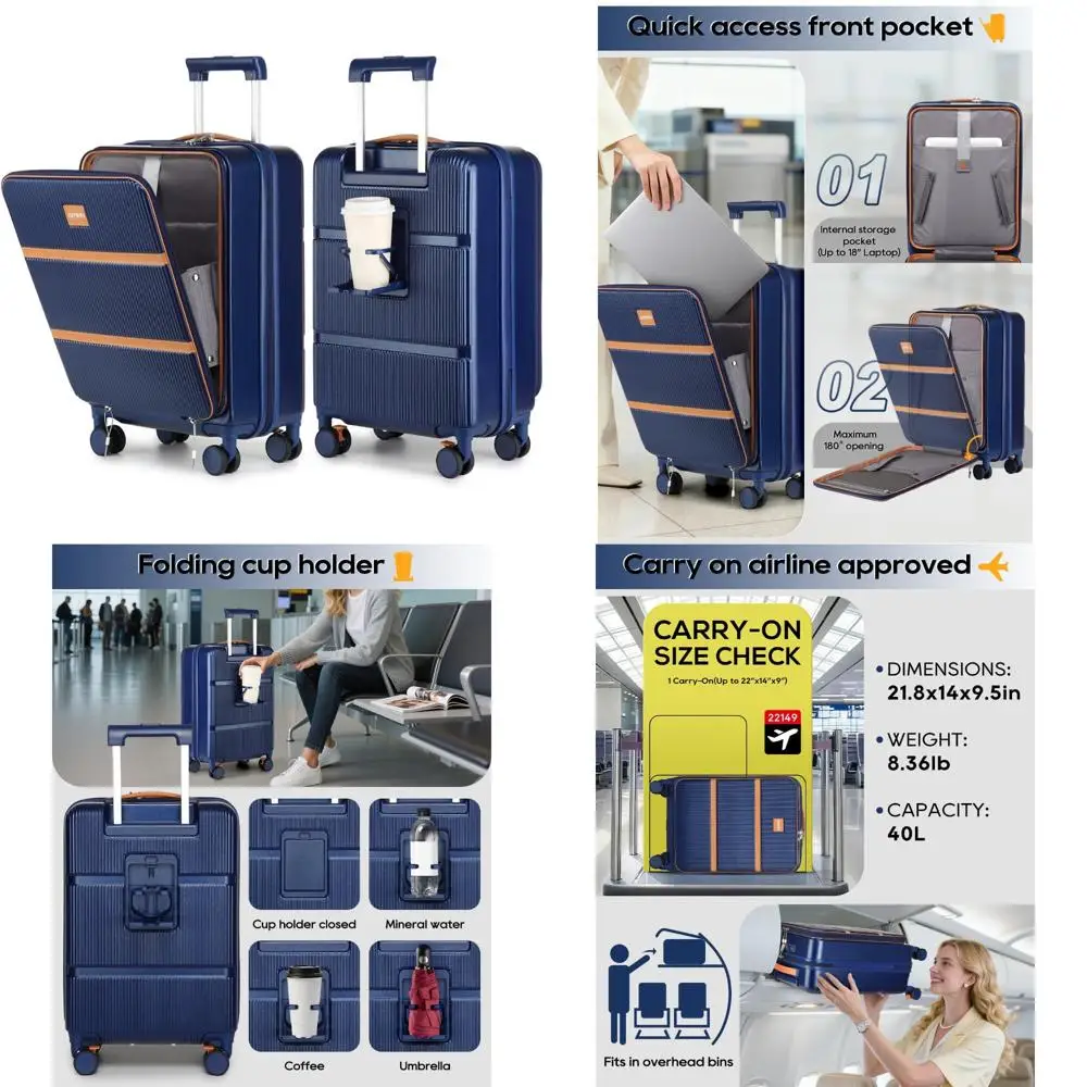 

Airline Approved 20 Inch Hardside Carry-On Luggage with Front Pocket and Cup Holder - Travel Suitcase for Efficient Packing