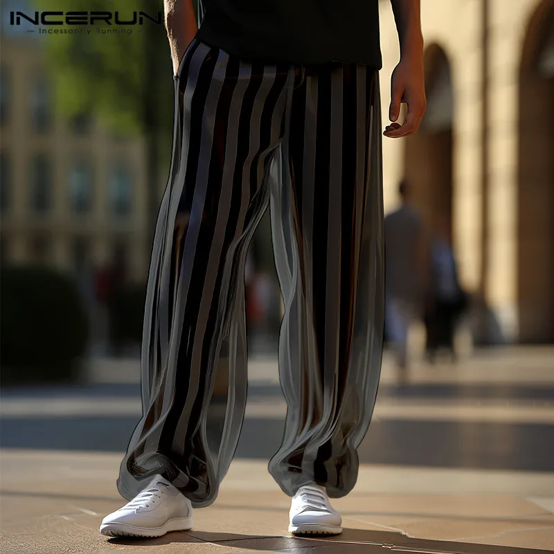 

INCERUN Men Striped Pants Mesh Transparent Elastic Waist Loose Sexy Trousers Men Streetwear 2024 Fashion Casual Pantalon S-2XL