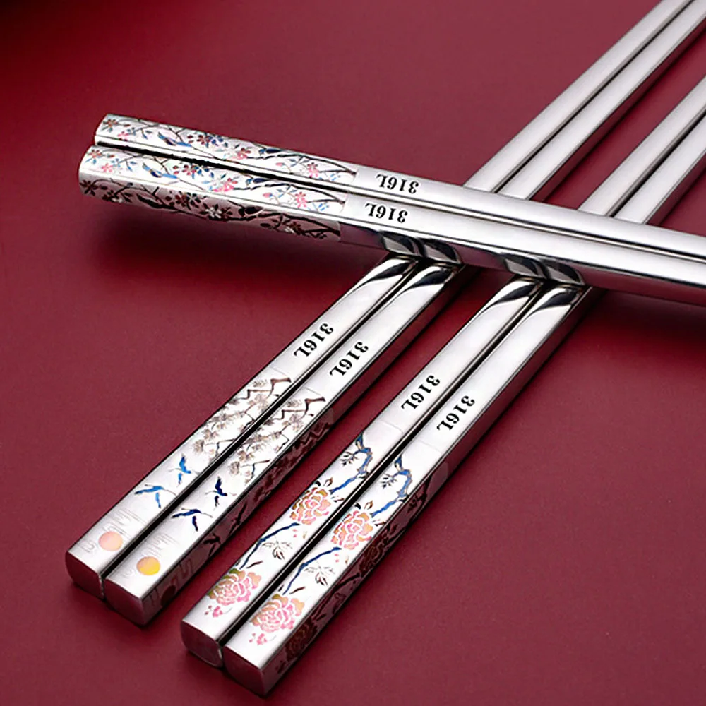 Traditional Chinese Style Color Printed Titanium-plated 316L Stainless Steel Chopsticks Non-Slip Anti-Mold Household Tableware