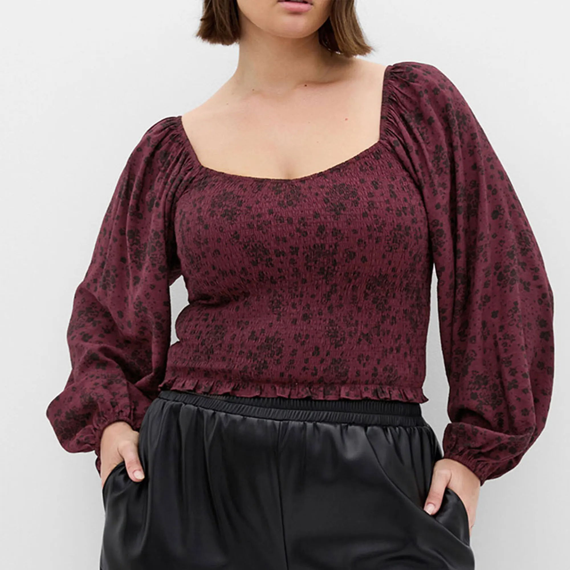 

2024, ранняя осень, женские блузки с цветочным принтом, большие топы с длинными рукавами-фонариками, со сборками, U-образный вырез, нарядные повседневные футболки больших размеров