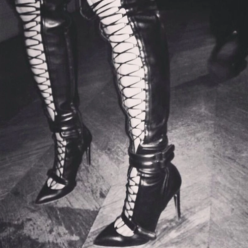 

Fashion Ribbon Lace -up High Heel Boots Black White Leather Pointed Toe Belt Buckle Strap Hollow Thin Heels Knee High Boots