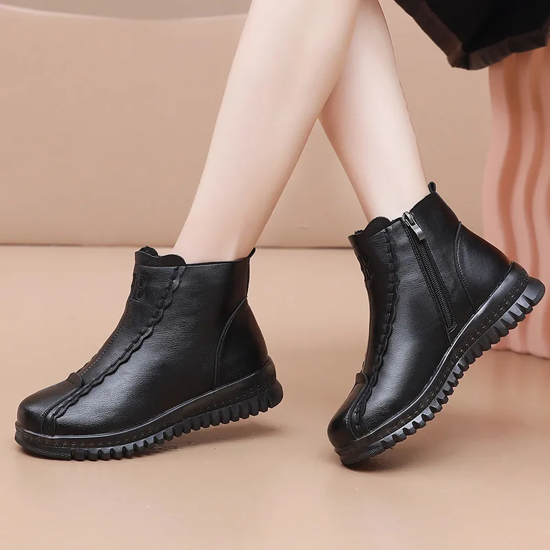 Women Winter Snow Boots Genuine Leather Thick Plush Warm Female Casual Ankle Boots Mother Waterproof Non-slip Booties