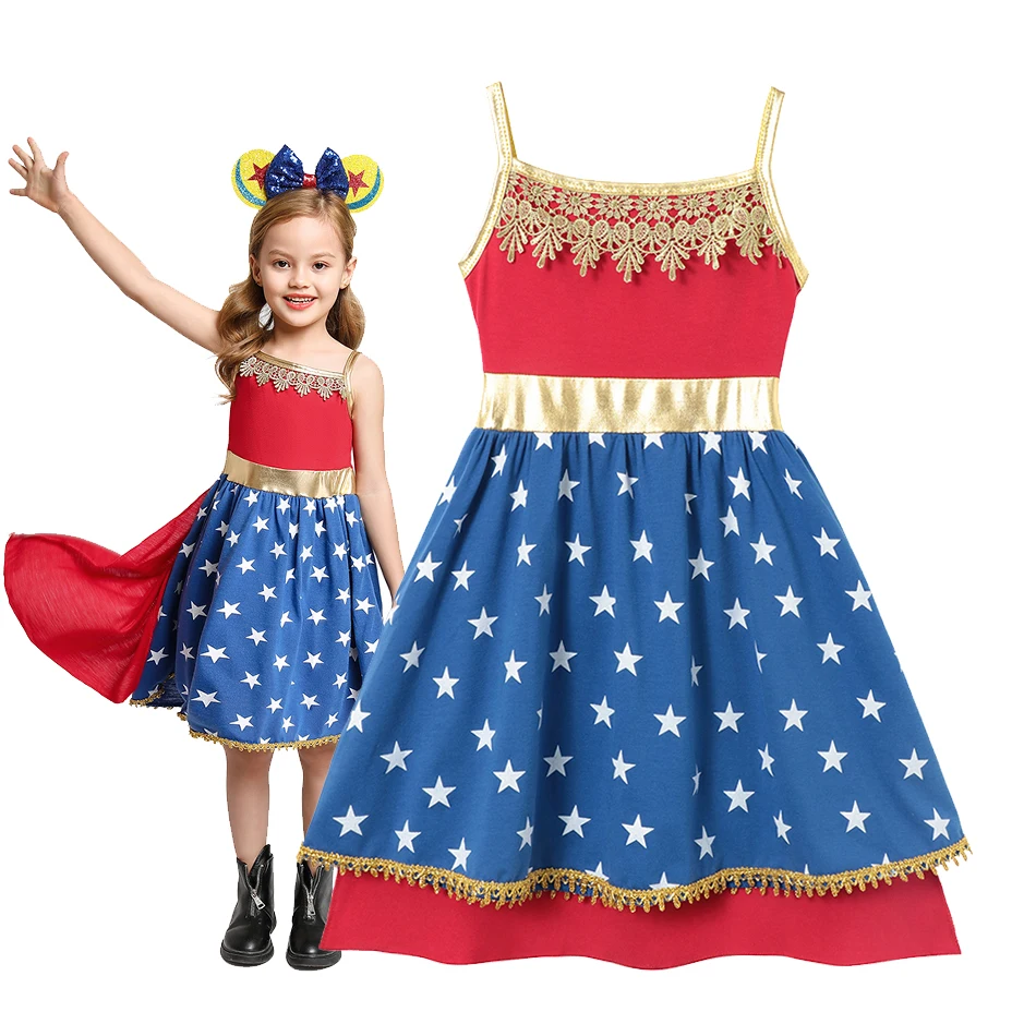 Kids Cosplay Wonder Woman Summer Casual Dress Frozen Elsa Princess Girls Clothes Little Mermaid Rapunzel Birthday Party Vestidos