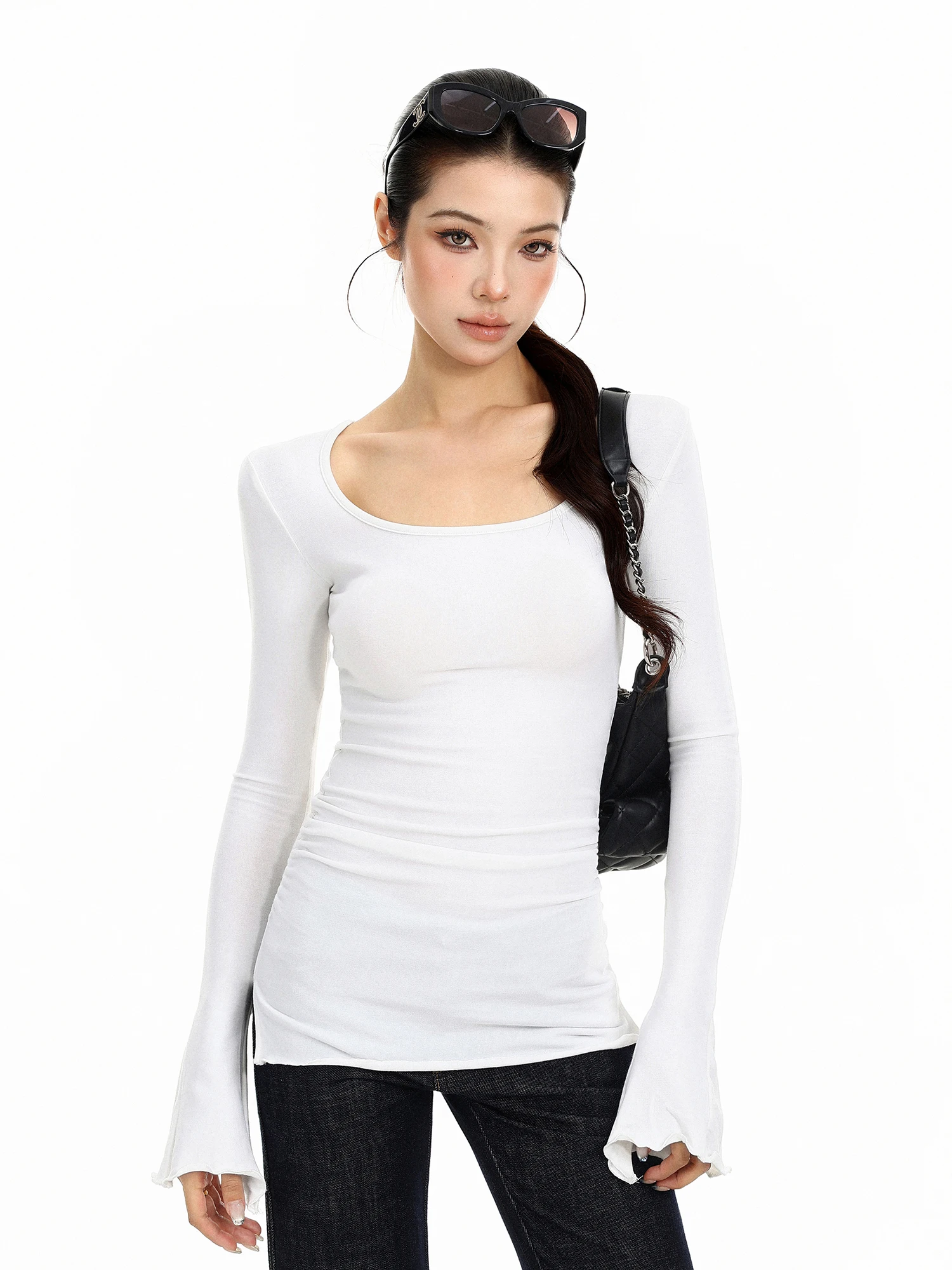 Slim Fit Long Sleeve U-Neck T-Shirt Women's Autumn Waist Cinching Pleated Slimming Sexy Girl Elastic Base Top Biggold Pure De...