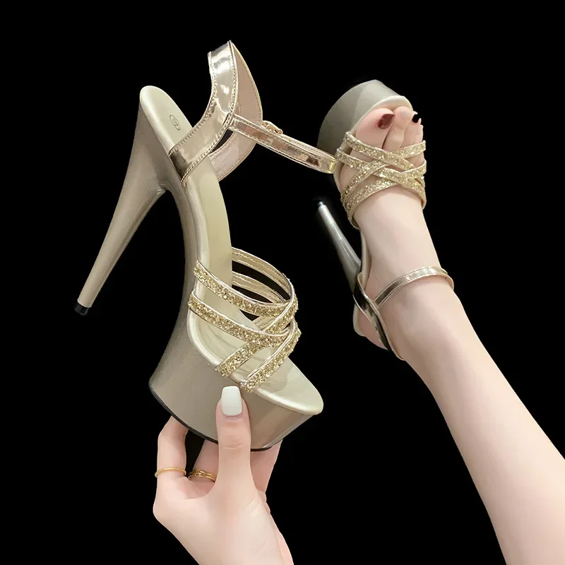 

Sexy Women Sandals Woman Summer 2025 Bling Female Peep Toe Thin Heels Dress Party Dance Shoes Platform Sandal Narrow Band Shoes