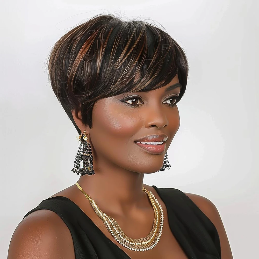 Коричневый мелированный короткий парик из натуральных волос с стрижкой пикси, прямой парик, бразильские волосы с предварительно выщипанной челкой для женщин, кепка машинного производства