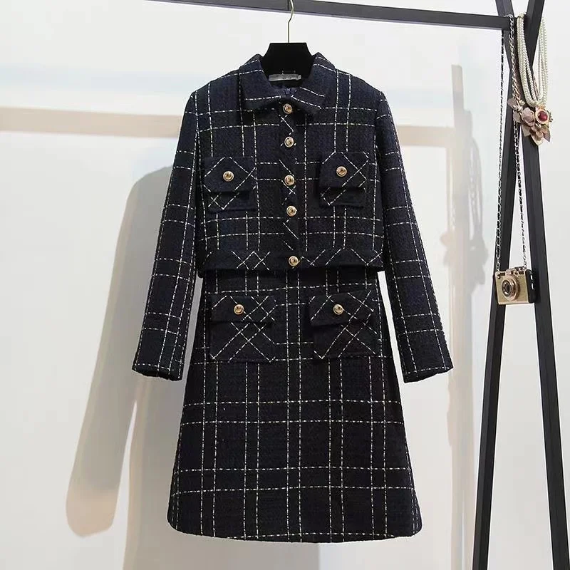 Women Elegant Vintage Tweed Fragrant Suit Jacke Coat Top And Dress Two Piece Set Outfit Winter Jacquard Party Plaid Clothing