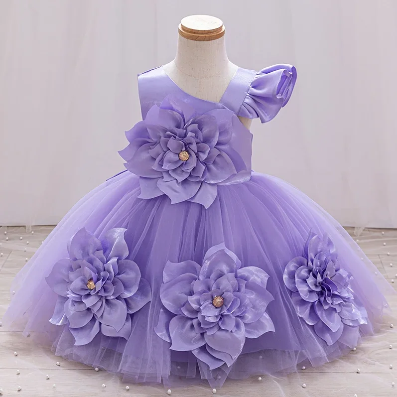 Big flower Wedding Tutu Gown Baptism Dress Christen 0-6-yearing Ball Gown asymsymmetrical straps Formal occasion Girl dress