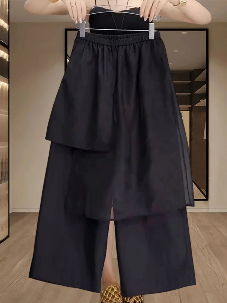 Sweet Cool Style Mesh Splice Straight Leg Casual Pants Women's Summer Fashionable Wide Leg Pants Low Waist Nine Points