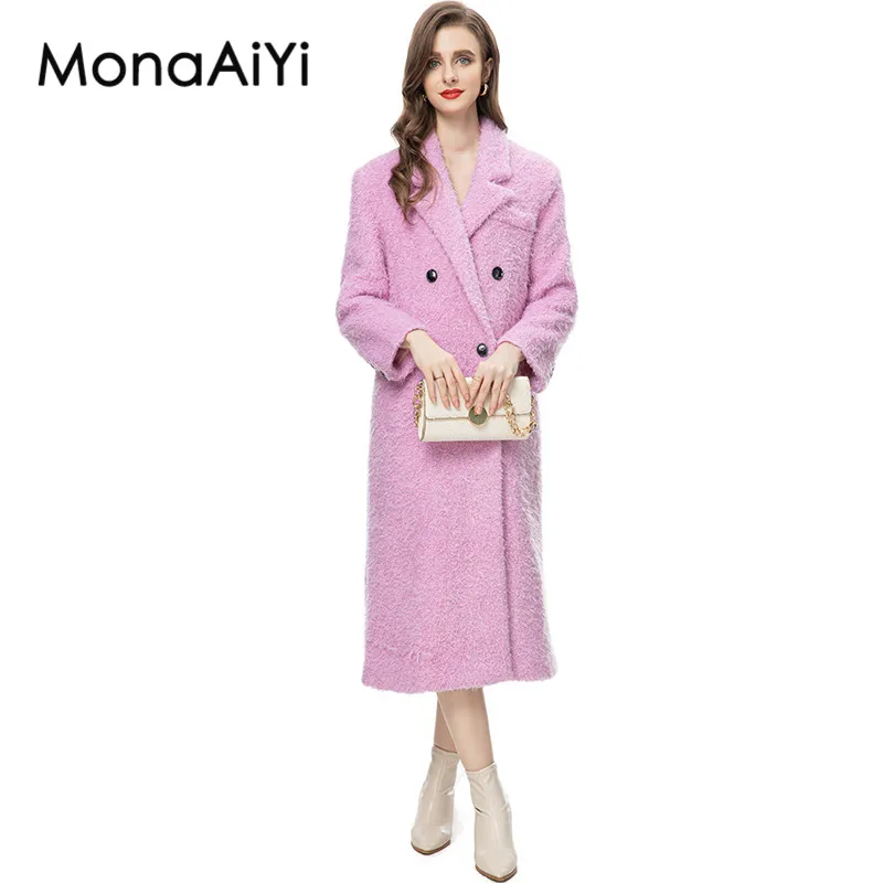 

MonaAiYi Office Lady Fashion Designer Autumn/Winter Outerwear Women's Lapel Double-Breasted Side Pocket Pink Woolen Overcoat