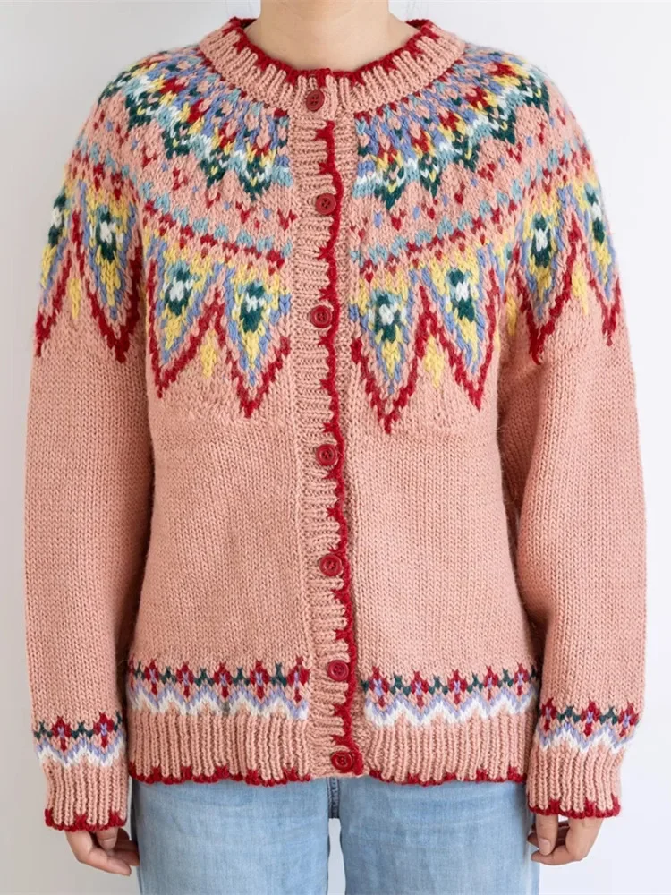 102cm bust Fall Fair Isle Cardigans Women Nordic Vintage Hand Knitted Pure Handmade Knitted Thick Warm 100% Wool Sweaters Coat