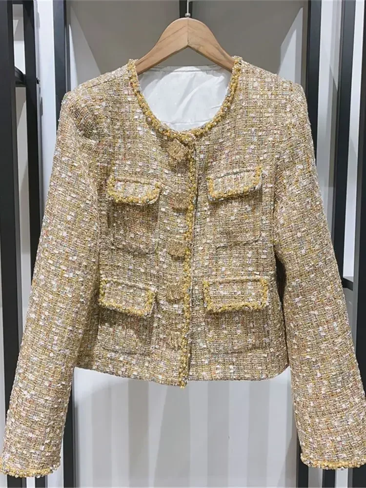 2023 Women New Beaded Trim Stitching Tweed Short Coat Diamond Buttons or Female Elegant Gold Thread Sleeveless Vest Mini Dress