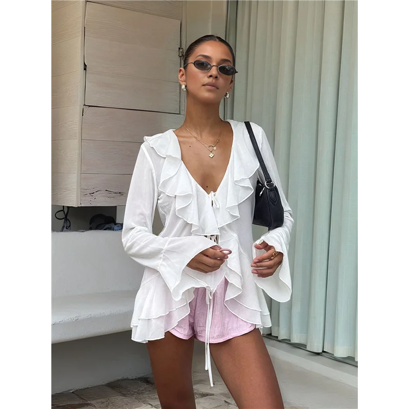 Tops con lazo frontal para mujer, blusa de manga larga con volantes y campana de malla transparente, Top corto