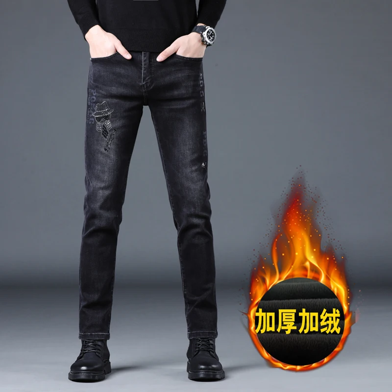 High-end trend brand European hot diamond embroidery men's fleece lined jeans Slim casual black new men's pants