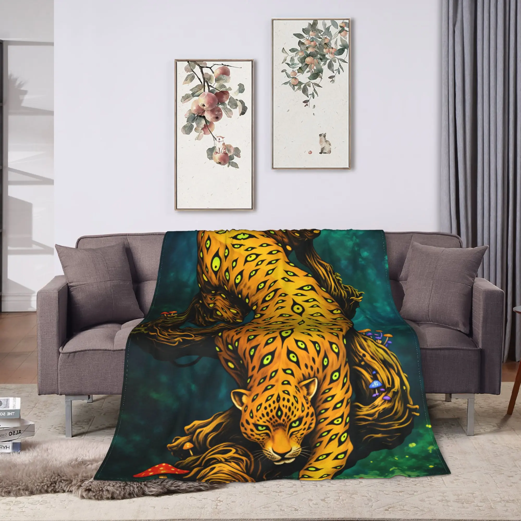 Soft Comfy Throw Blanket Camping Psychedelic Jaguar With Eyes Pattern In Magic Forest Blanket  Flannel Bedspread Sofa Bed Cover