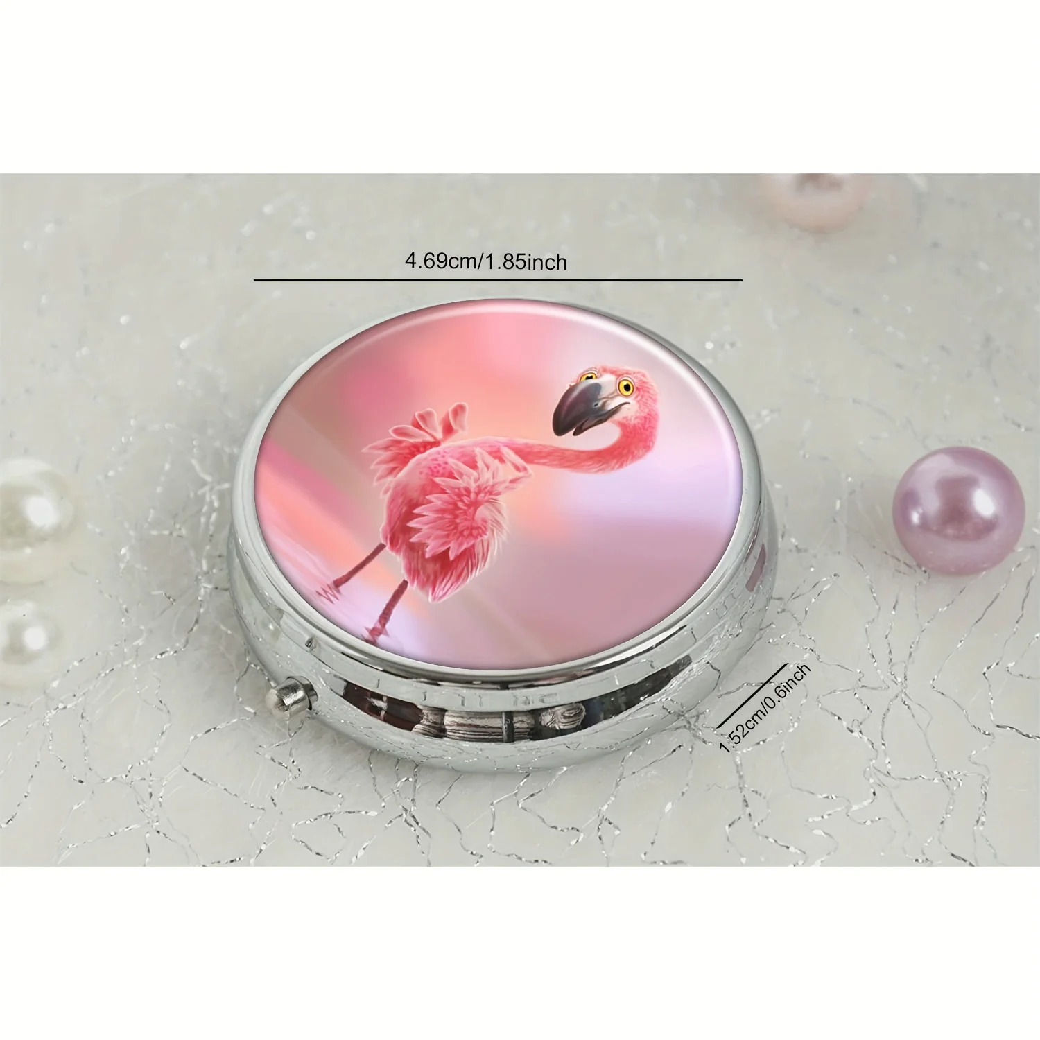 A flamingo round medicine box,3 compartment mini decorations,pocket wallet portable travel tablets vitamin storage box