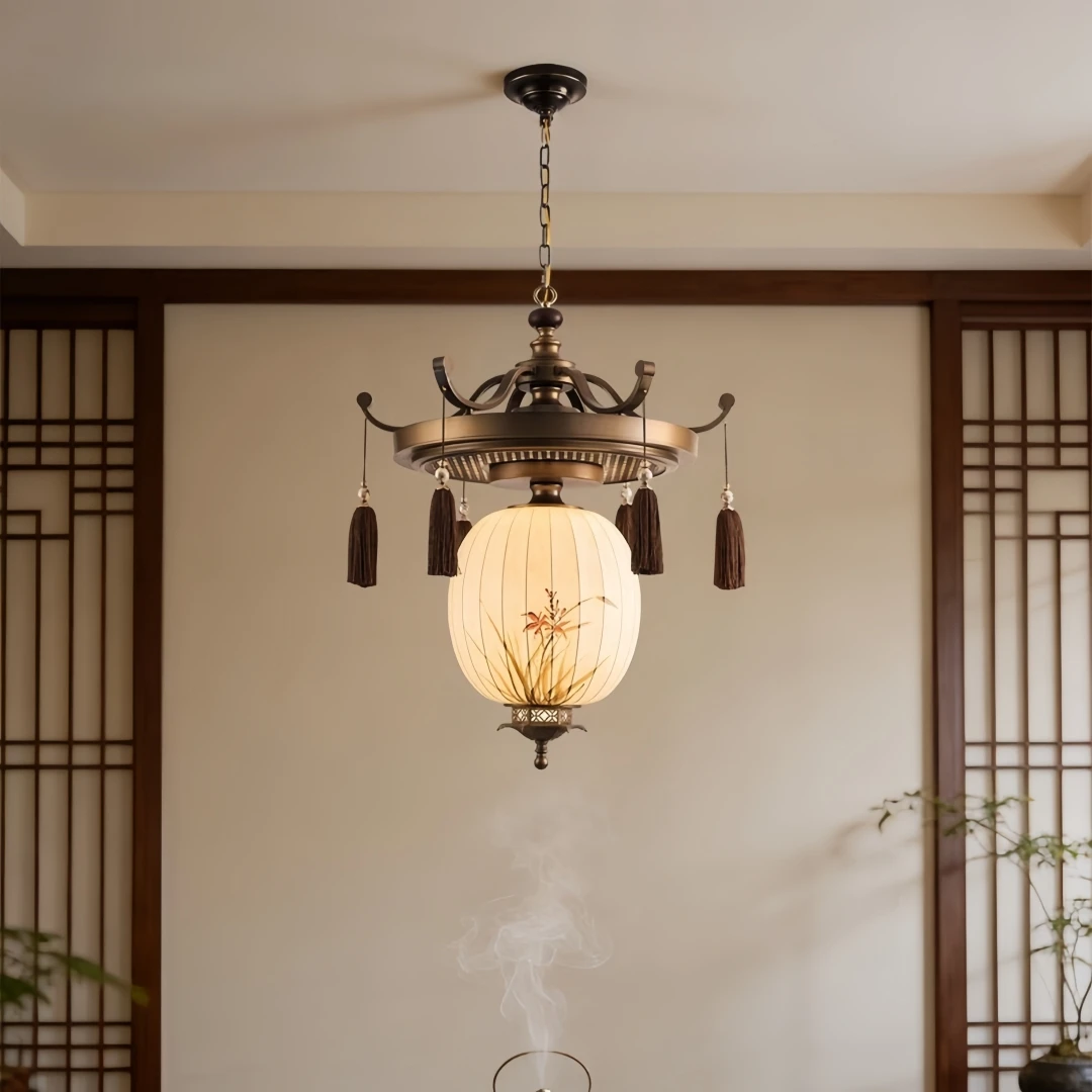 Oriental Floral Lantern Tassel Pendant Light for Living Room Tea Room Dining Hall Elegant Zen Traditional Home Interior Decor