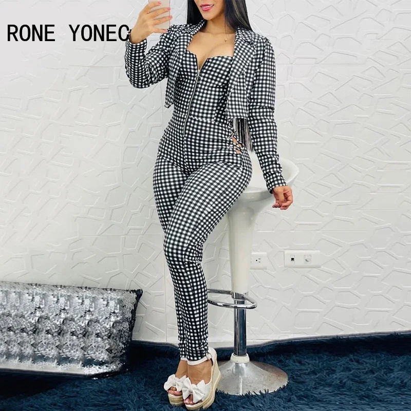 Women Cutout Plaid Print Zipper Decor Jumpsuit