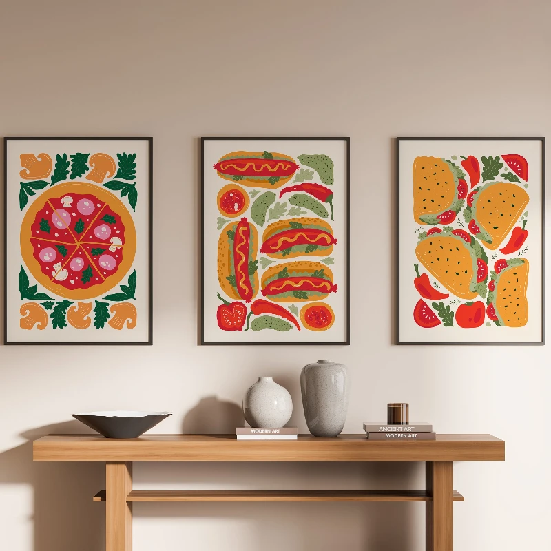 3pcs Aesthetic Kitchen Food-Themed Posters Pizza, Hot Dogs, and Cake Frameless Canvas Prints Kitchen, Bar, and Home Decor Gif