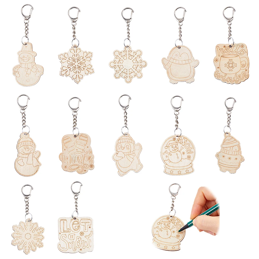 24Pcs Color Your Own Keychains 12 Styles Wood Coloring Craft Keychain Winter Snowflakes Snowman Crafts Wooden Blank Keychains