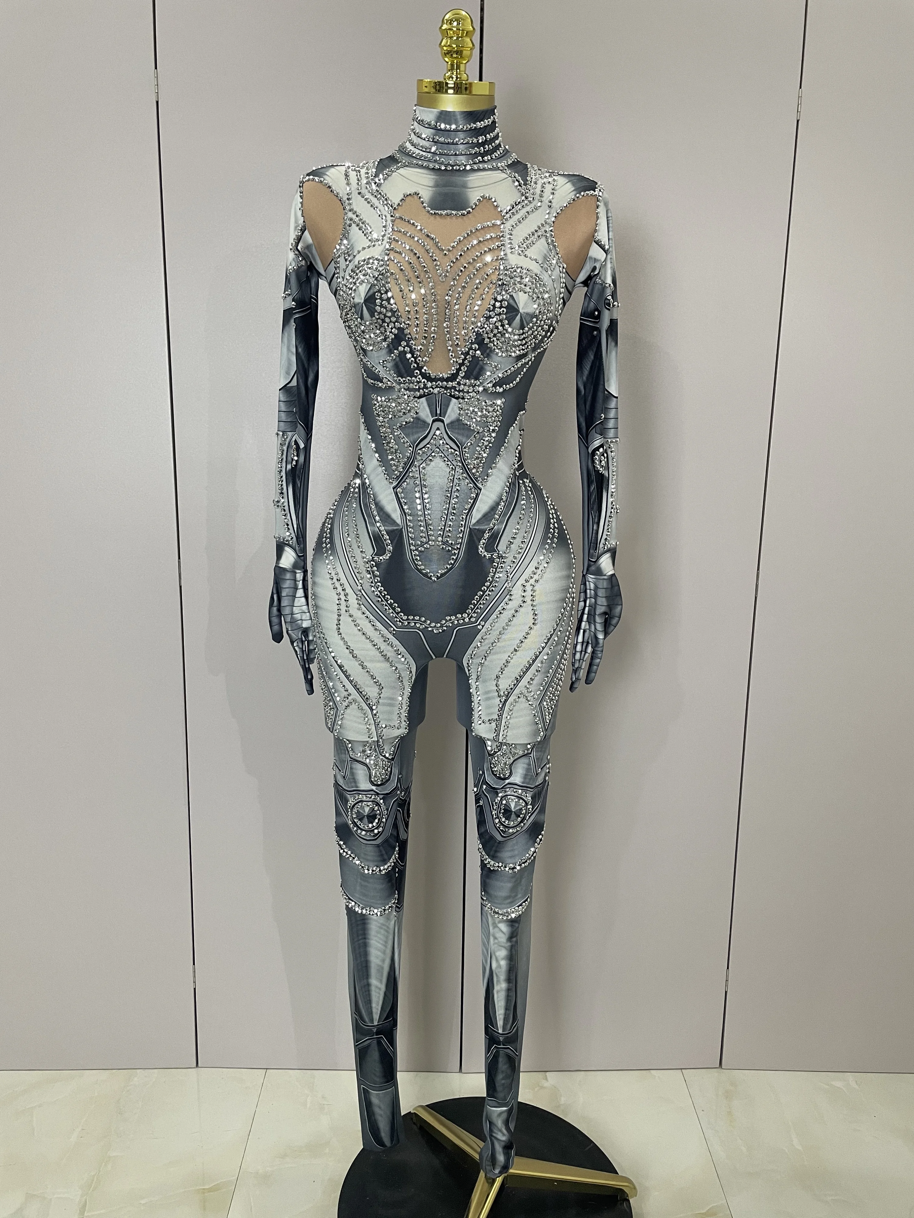 2025 New Trendy Women Sexy Rhinestones Printed Skinny Jumpsuit High Street Performance Dance Costume Bar Club Show Stage Wear